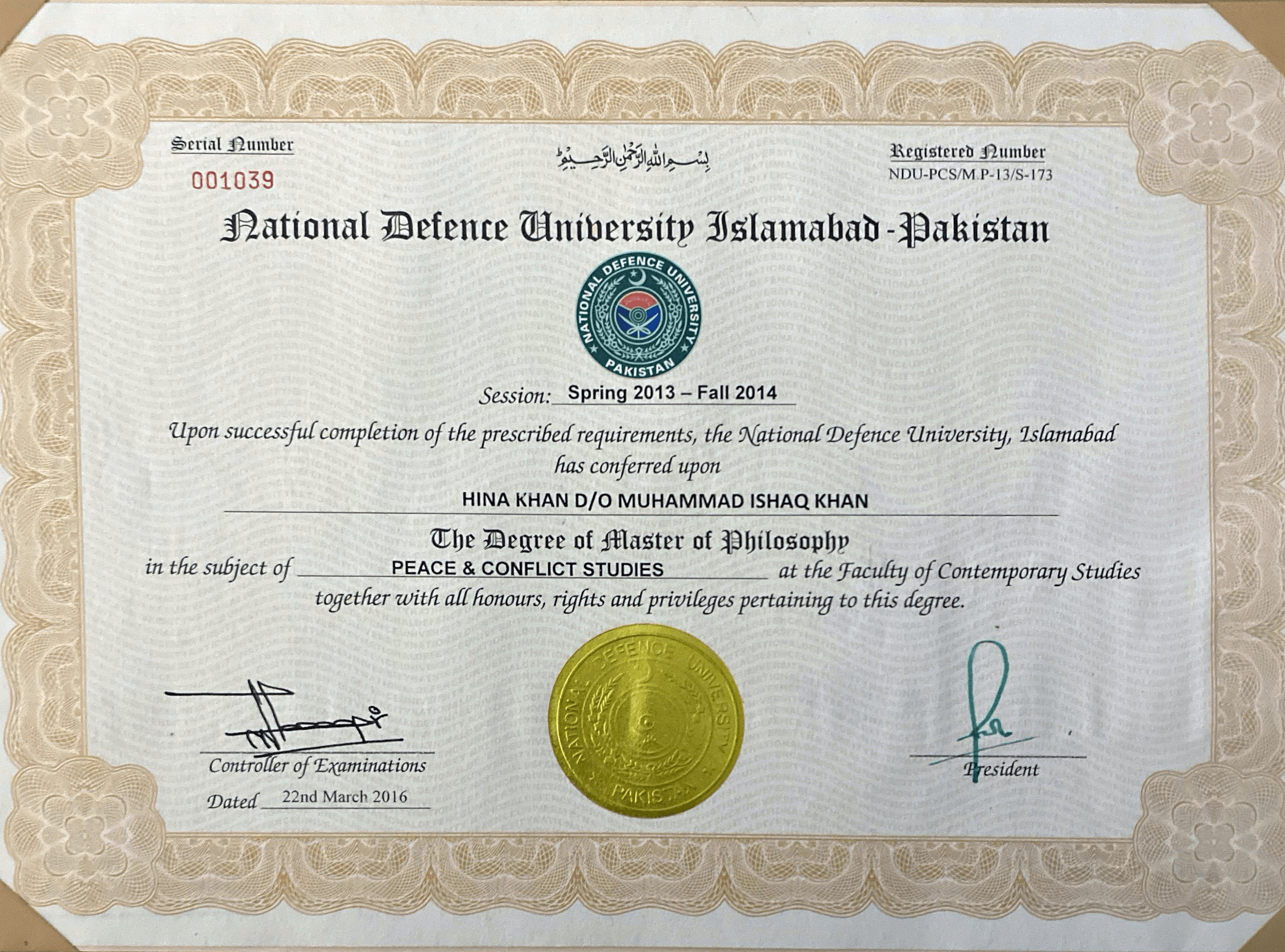 M.Phil. Degree Certificate